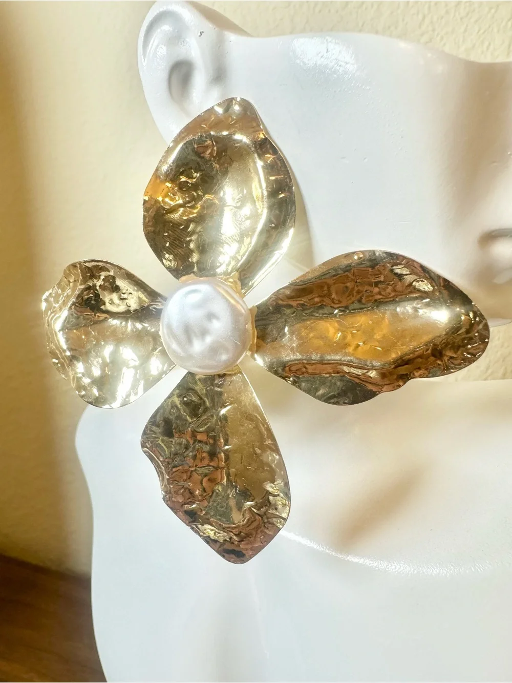Oversized Gold Flower Statement Earrings with Pearl Center - Lightweight